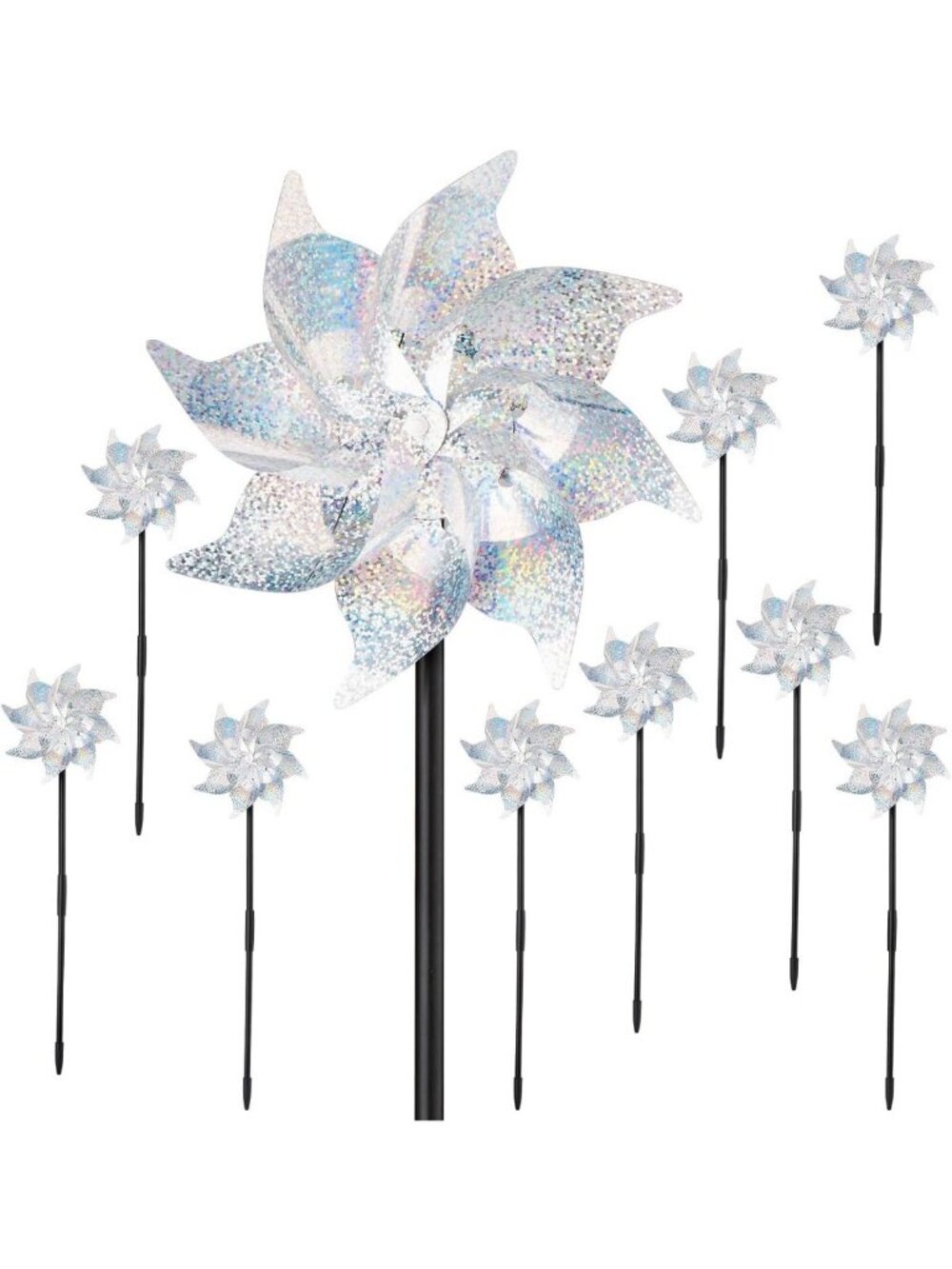 Reflective Pinwheels for Yard & Garden - 10 Pack, Preassembled Wind Spinners